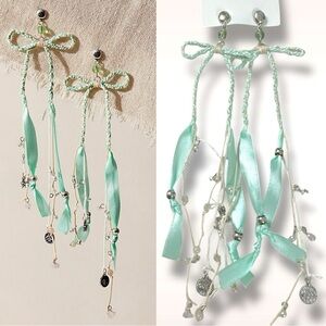 Free People Candy Baby Bow Dangle Earrings Sea Foam Ivory Braid Coquette Mermaid